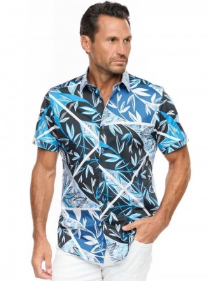 Robert Graham Blue Palm Short Sleeve Button Down Shirt Blau | 543109-GZP