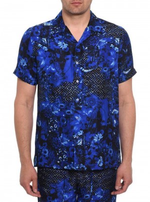 Robert Graham Limited Edition Blue Universe Short Sleeve Button Down Shirt Multi | 589437-PFW
